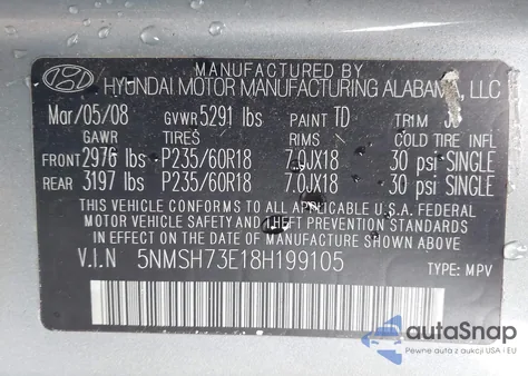 2008 Hyundai Santa Fe Limited/Se z USA, uszkodzony, nr VIN 5NMSH73E18H199105